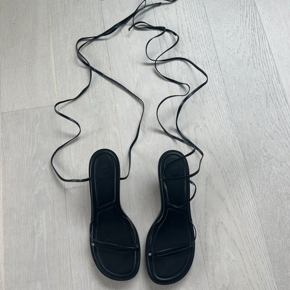 Zara Lace up Kitten Heel Sandals Black Size 41 / 10 - Picture 2 of 9